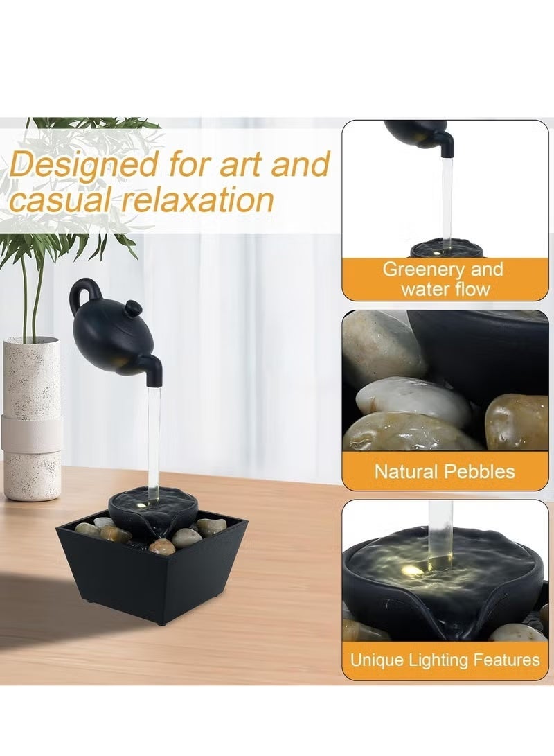 نافورة مياه ديكور مع إبريق شاي عائم – شلال سطح طاولة بإضاءة LED وأحجار مزخرفة – تصميم مستوحى من ثقافة الشاي الصيني – تعمل بالبطارية أو USB – ديكور داخلي مريح للمكتب أو المنزل - Image 2